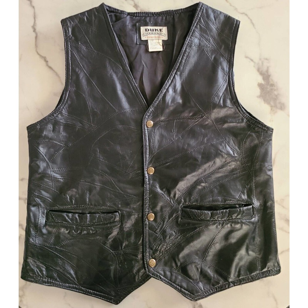 Duke Haband 100% Black Leather Patchwork Biker Motorcycle Vest mens sz S